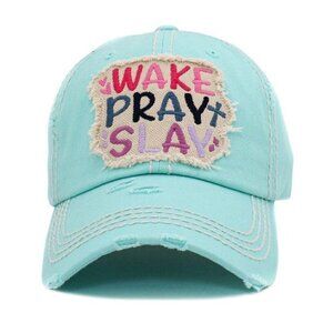Womens Cross Wake Pray Slay Prayer Warrior Baseball Cap Hat in Distressed Aqua